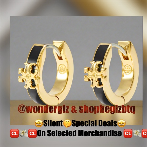 🆕 Tory Burch Authentic Small Gold Tone Logo & Black Enamel Huggies Hoop Earrings - Picture 2 of 7